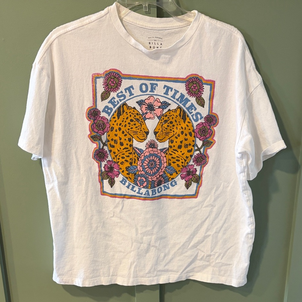 Billabong White Tee with Leopard and Floral Design